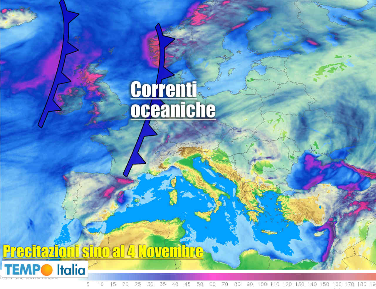 Precipitazioni previste prossimi giorni in Europa.