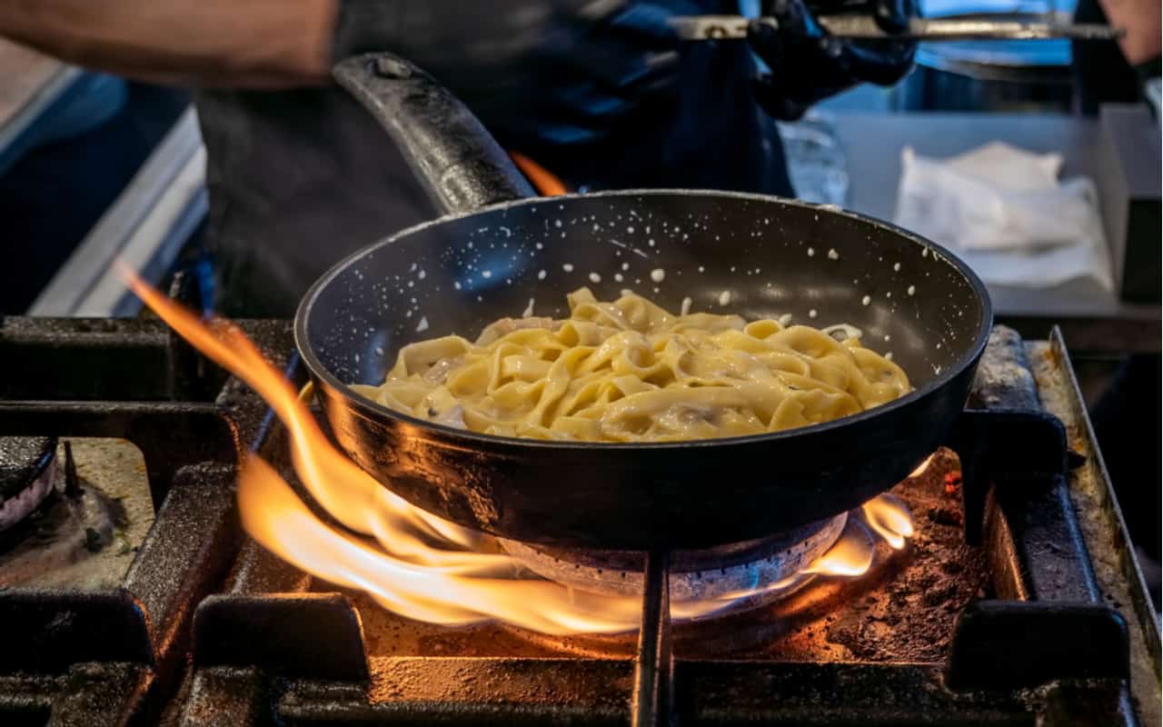 Chef che cucina tagliatelle e verdure in padella sul fuoco