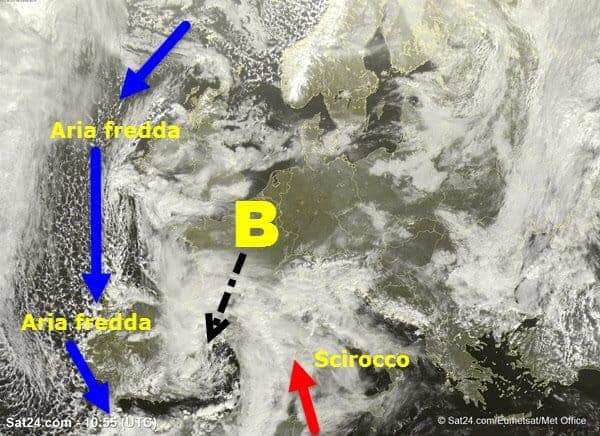 Vortice ciclonico appena nato ad ovest delle Baleari. Irruzione fredda verso il Marocco