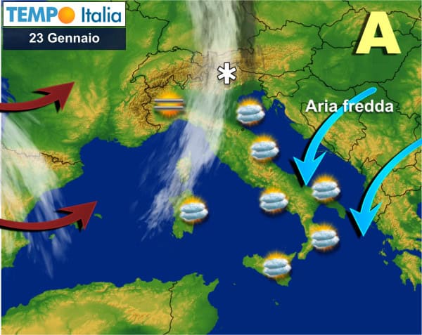 FORTE Alta Pressione, ma transita una PERTURBAZIONE. Foschie e GELATE in Val Padana. Poi clima più mite. A FEBBRAIO insidie dal Nord Europa