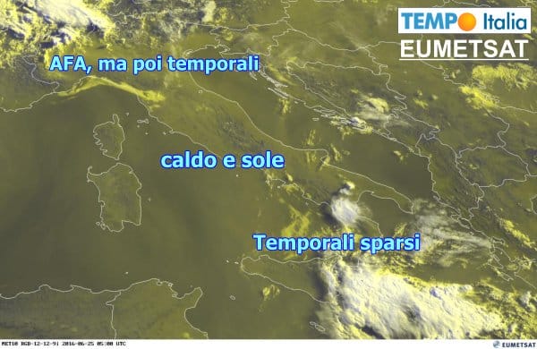Meteosat estivo, con primi temporali al Nord Ovest, ma peggiorerà. Bello al Centro, peggiorerà al Sud 12 Meteosat estivo, con primi temporali al Nord Ovest, ma peggiorerà. Bello al Centro, peggiorerà al Sud