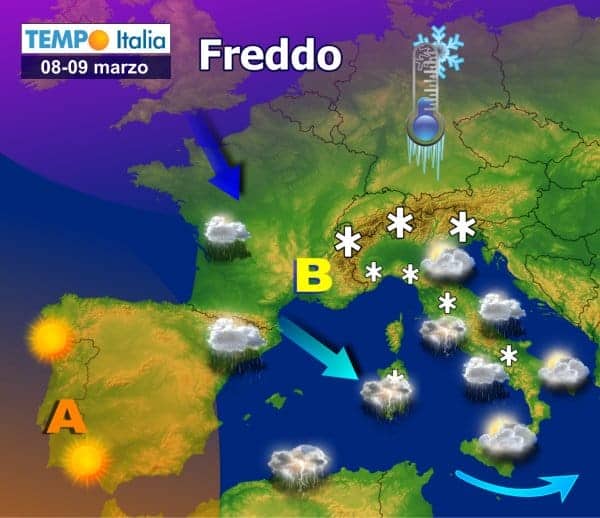 Meteo decisamente invernale per gran parte della settimana. Avremo forti piogge, temporali e nevicate a bassa quota