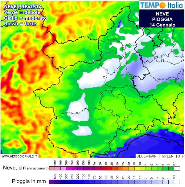 Piemonte, Mappa neve per il 14 Gennaio