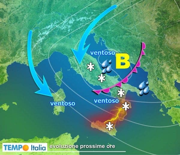 L’aria fredda genera una forte burrasca sull’Italia, torna la neve sull’Appennino e le Alpi