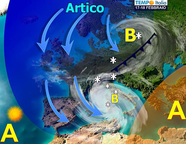 Maltempo e perturbazioni ancora a raffica, lampi d’inverno con freddo artico e neve a metà mese
