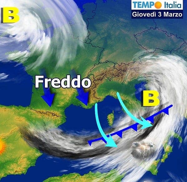 Brusco peggioramento per l’impulso freddo polare: piogge, temporali e neve. Poi breve intervallo ed altro maltempo