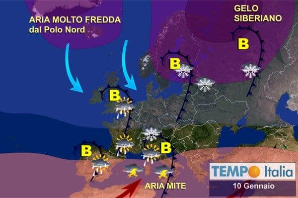 Maltempo nella Penisola, ma mite, seguirà un periodo freddo. Nevicate frequenti su Alpi. Ventoso