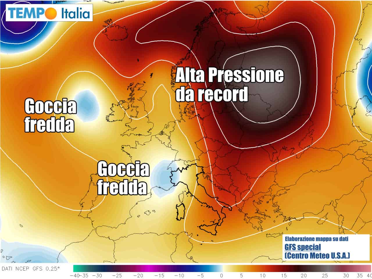 Goccia d'aria fredda verso il Nord Italia, e anticiclone da record verso la Russia occidentale.
