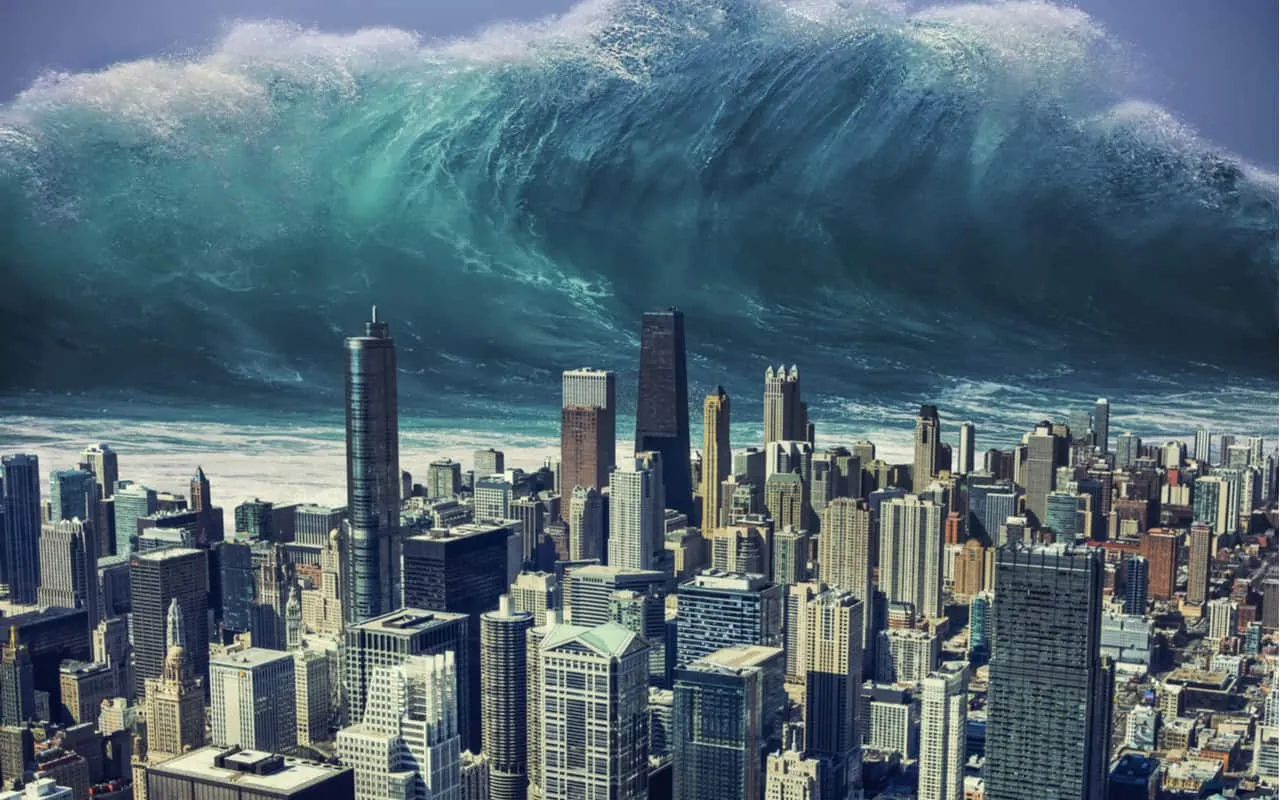 Rappresentazione di un mega tsunami.