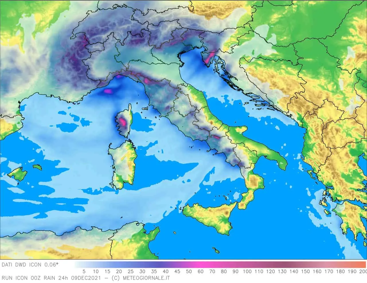 Piogge previste dal modello matematico ICON.