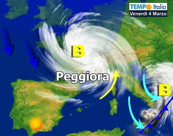Altro scossone invernale nel weekend: piogge, temporali e super neve su Alpi. Maltempo marzo continuerà