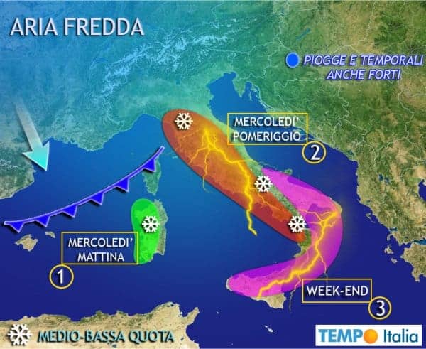 Acuta fase di maltempo su molte regioni d’Italia. Neve sui 500 metri in Sardegna, a bassissima quota su Emilia e bassa quota Italia Centrale