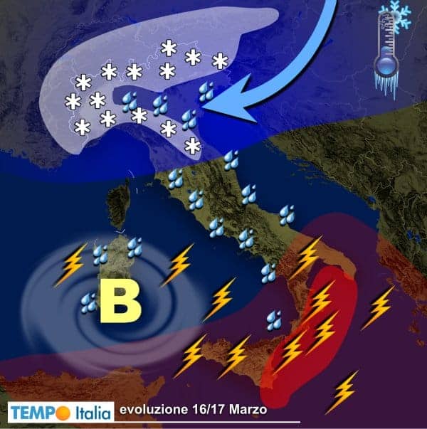 Abbondanti nevicate fino a bassa quota in arrivo al Nord. Forti temporali al Sud