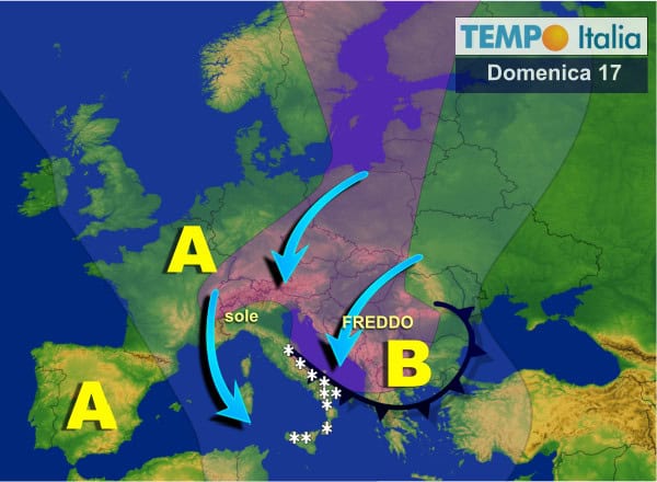 Bufere di neve tra Adriatiche e Sud. Domenica con il sole al Nord. Lunedì rigido e rischio neve in varie regioni, anche al Nord Italia e Toscana, forse Lazio
