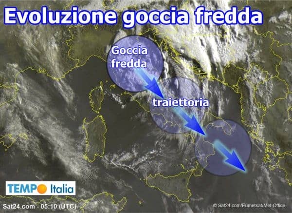 Goccia fredda su Italia centrale, dove c’è meteo avverso, e fa rotta verso il Sud