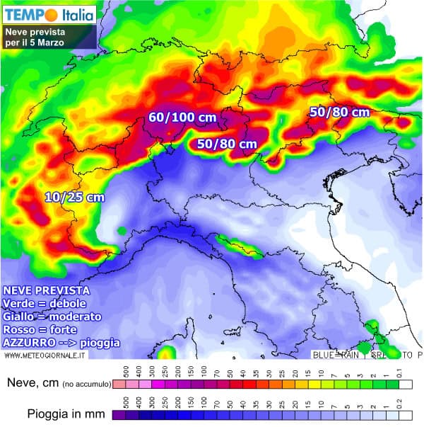 Alpi, previste forti nevicate da stanotte a quote medio basse. Mappa neve