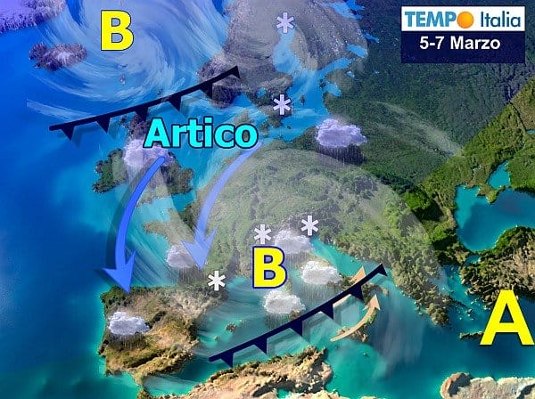 Marzo, altra serie di perturbazioni con veloci irruzioni fredde nordiche: ricaduta nell’inverno