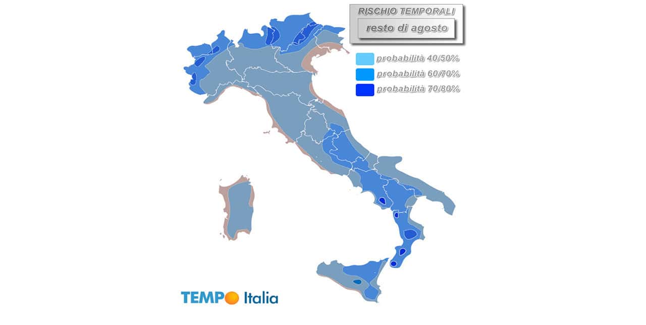 Anticiclone e tempo estivo, ma non più come prima. Tutte le piogge per il resto di agosto. Mappa