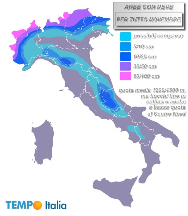 Meteo: tutta la neve di Novembre. Ecco quote e dove di più