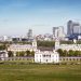 Panoramic of London's National Maritime Museum and skyscraper of Canary Wharf.