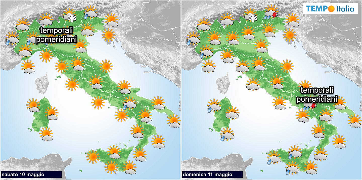 Meteo verso Week End con temporali sparsi. Rischio grandinate