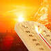 summer hot weather season high temperature thermometer with city view.