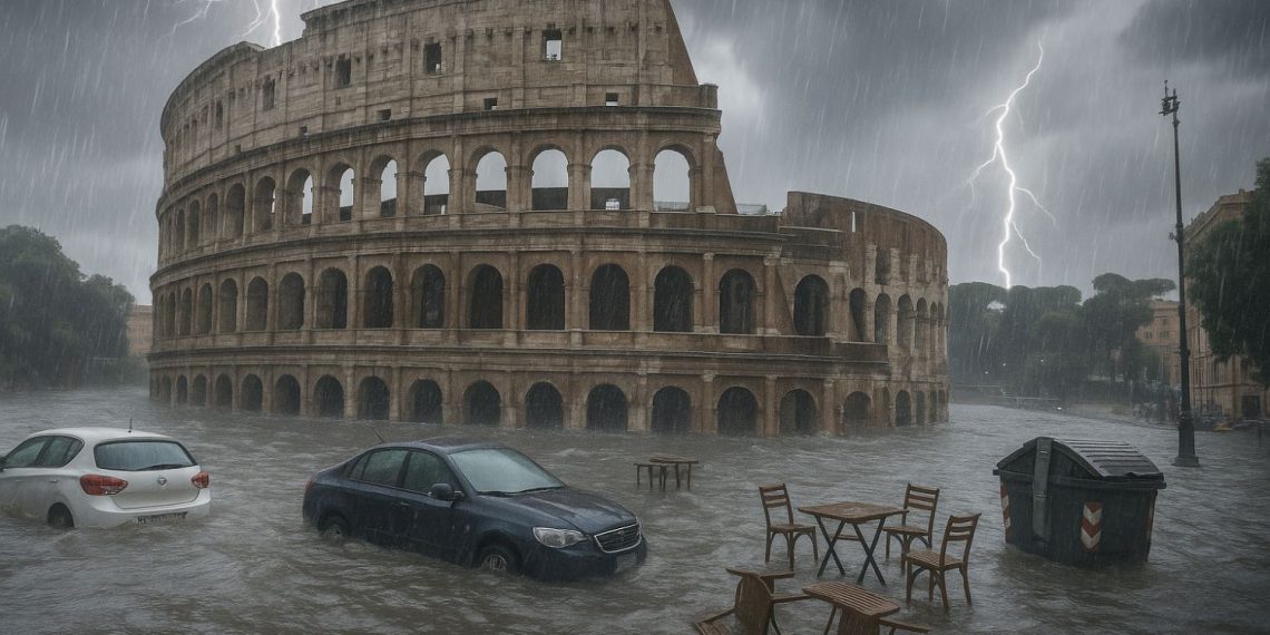 Nubifragio su Roma. Immagine realizzata con la IA.