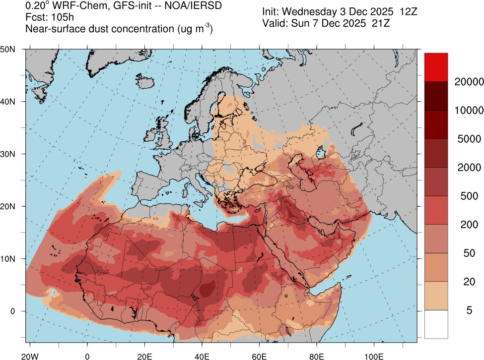 Previsione di polveri del Sahara in sospensione durante il giorni di maggior tepore e influenza nord africana.