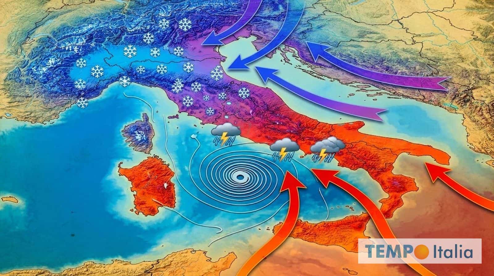 Meteo Weekend invernale: neve in pianura al Nord e ciclone con tempeste al Centro-Sud