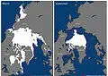 Foto satellitare della banchisa polare a fine inverno e fine estate