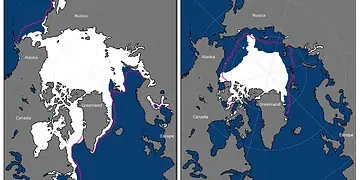 Foto satellitare della banchisa polare a fine inverno e fine estate