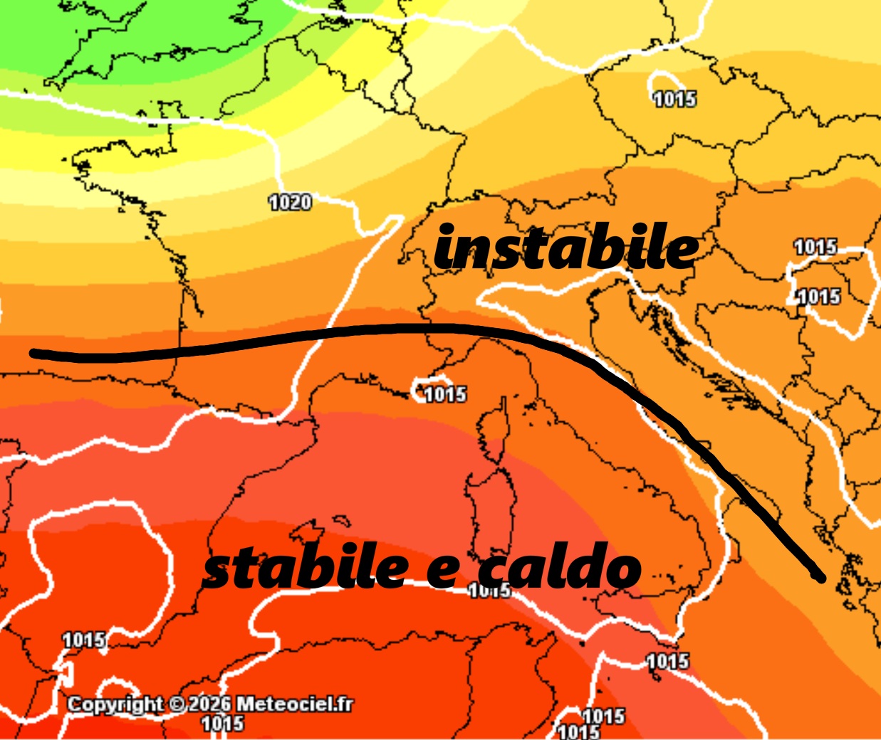 Questa cartina, a cura del modello americano, indica il probabile anticiclone che dovrebbe interessare il nostro paese a cominciare dal 9-10 giugno. Si può notare che il cuore caldo sarà sulle due Isole Maggiori, mentre al Nord e su alcune aree adriatiche potrebbero verificarsi alcuni focolai temporaleschi.