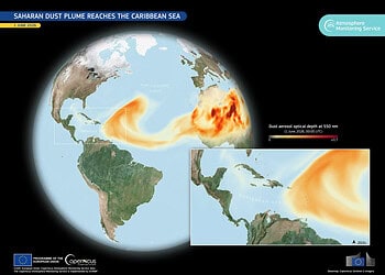 Polveri del Sahara verso i Caraibi. Credit Copernicus Atmosphere Monitoring Service (CAMS).