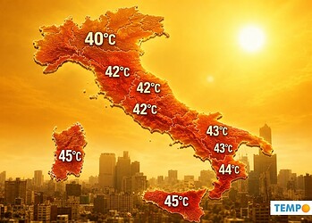 Nuova onda di calore estremo. I numeri rappresentano i locali picchi estremi di temperatura.
