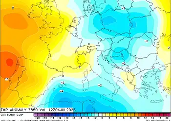 Picco massimo di tregua dal calore. Queste le anomalie di temperatura a 850 hPa.