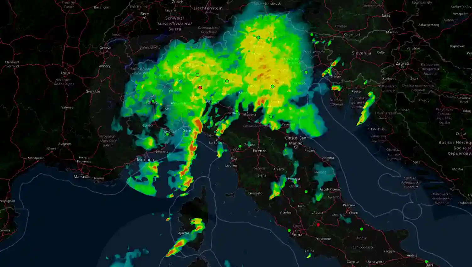 Radar ore 10:50 della Protezione Civile italiana.